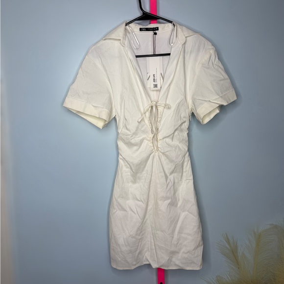 Zara White Ruched Tie Front Mini Dress XS - Picture 2 of 6